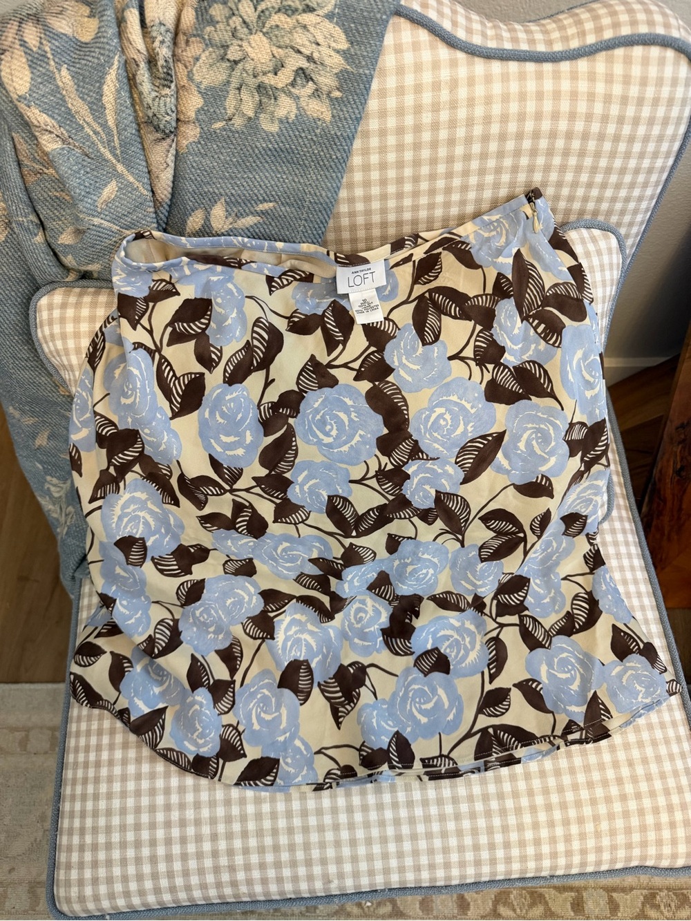 LOFT Cream A-Line Skirt with Blue Floral and Brown Leaves